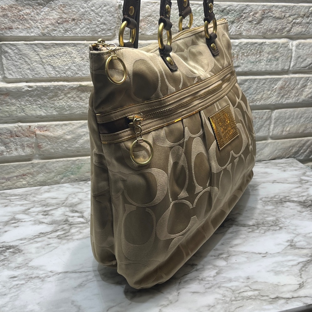 COACH GOLD BEIGE JACQUARD POPPY OP ART GLAM TOTE HANDBAG PURSE METALLIC - Picture 5 of 16